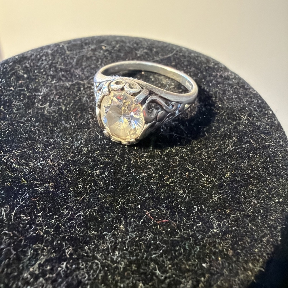 Vintage Sterling Silver Ring With Large Faceted Crystal CZ Solitaire ~ Size 7.5